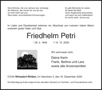 Traueranzeige von Friedhelm Petri von Siegener Zeitung