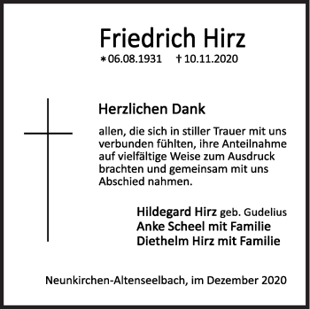Traueranzeige von Friedrich Hirz von Siegener Zeitung