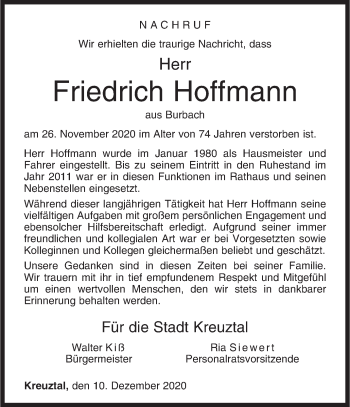 Traueranzeige von Friedrich Hoffmann von Siegener Zeitung