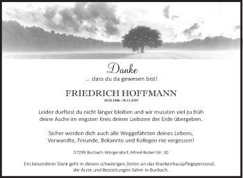 Traueranzeige von Friedrich Hoffmann von Siegener Zeitung