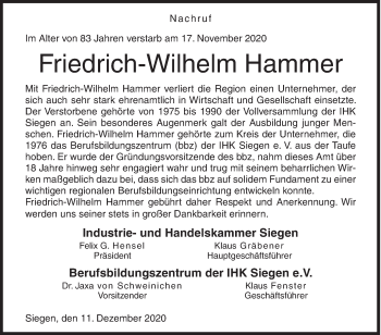 Traueranzeige von Friedrich-Wilhelm Hammer von Siegener Zeitung