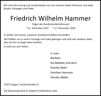 Traueranzeige von Friedrich Wilhelm Hammer von Siegener Zeitung