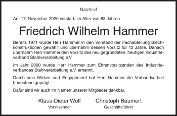Traueranzeige von Friedrich Wilhelm Hammer von Siegener Zeitung