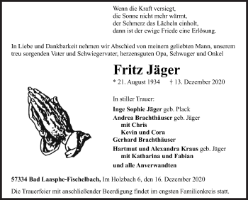 Traueranzeige von Fritz Jäger von Siegener Zeitung