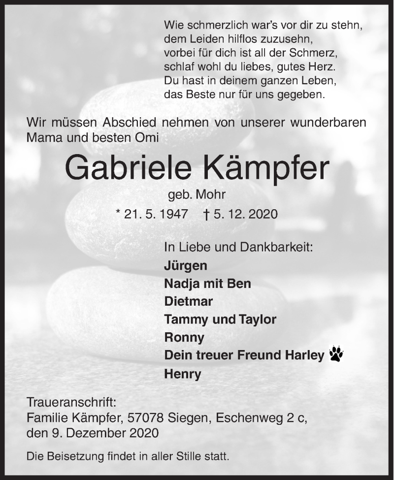  Traueranzeige für Gabriele Kämpfer vom 09.12.2020 aus Siegener Zeitung