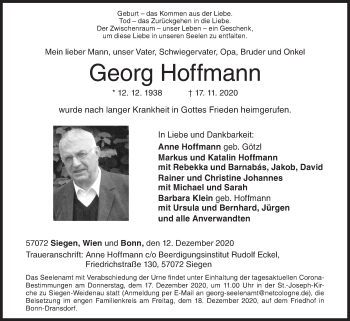 Traueranzeige von Georg Hoffmann von Siegener Zeitung