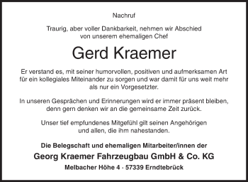 Traueranzeige von Gerd Kraemer von Siegener Zeitung