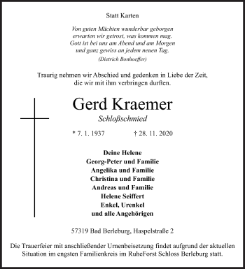 Traueranzeige von Gerd Kraemer von Siegener Zeitung