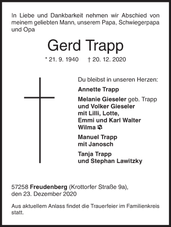 Traueranzeige von Gerd Trapp von Siegener Zeitung