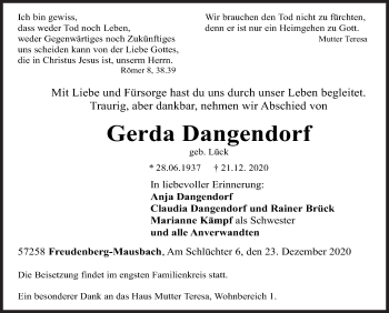 Traueranzeige von Gerda Dangendorf von Siegener Zeitung