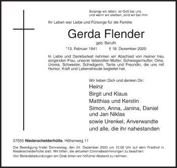 Traueranzeige von Gerda Flender von Siegener Zeitung