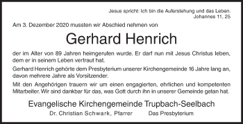 Traueranzeige von Gerhard Henrich von Siegener Zeitung
