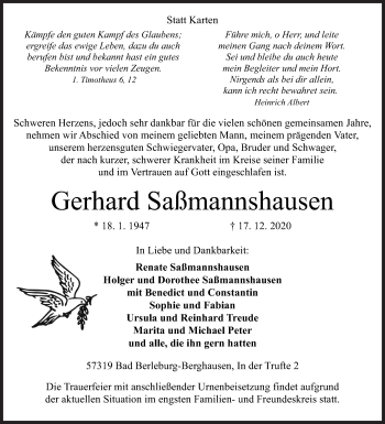 Traueranzeige von Gerhard Saßmannshausen von Siegener Zeitung