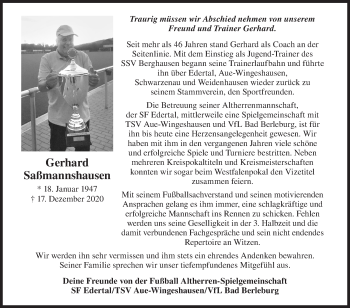 Traueranzeige von Gerhard Saßmannshausen von Siegener Zeitung