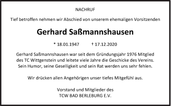 Traueranzeige von Gerhard Saßmannshausen von Siegener Zeitung