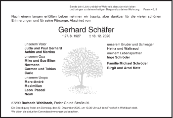 Traueranzeige von Gerhard Schäfer von Siegener Zeitung
