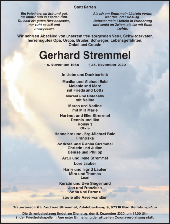 Traueranzeige von Gerhard Stremmel von Siegener Zeitung