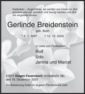 Traueranzeige von Gerlinde Breidenstein von Siegener Zeitung