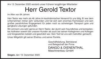 Traueranzeige von Gerold Textor von Siegener Zeitung