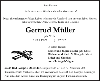 Traueranzeige von Gertrud Müller von Siegener Zeitung