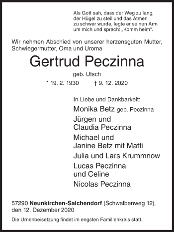 Traueranzeige von Gertrud Peczinna von Siegener Zeitung