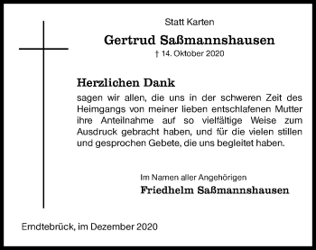 Traueranzeige von Gertrud Saßmannshausen von Siegener Zeitung