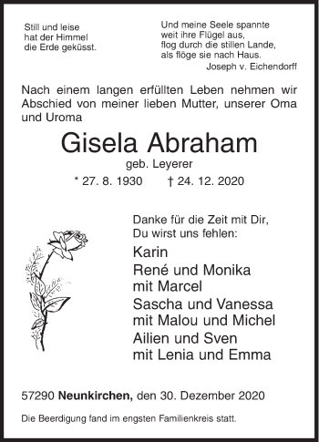 Traueranzeige von Gisela Abraham von Siegener Zeitung