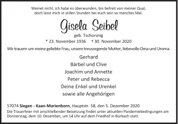 Traueranzeige von Gisela Seibel von Siegener Zeitung