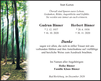 Traueranzeige von Gudrun und Herbert Binner von Siegener Zeitung