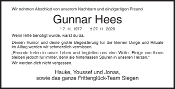 Traueranzeige von Gunnar Hees von Siegener Zeitung