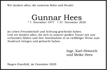 Traueranzeige von Gunnar Hees von Siegener Zeitung