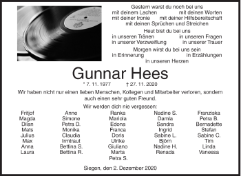 Traueranzeige von Gunnar Hees von Siegener Zeitung