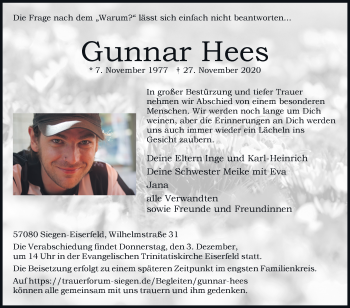 Traueranzeige von Gunnar Hees von Siegener Zeitung