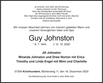 Traueranzeige von Guy Johnston von Siegener Zeitung