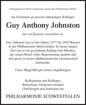 Traueranzeige von Guy Anthony Johnston von Siegener Zeitung