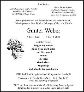 Traueranzeige von Günter Weber von Siegener Zeitung