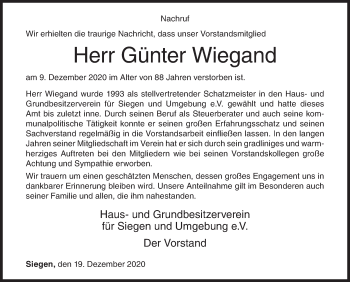 Traueranzeige von Günter Wiegand von Siegener Zeitung
