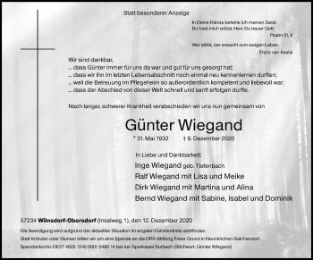 Traueranzeige von Günter Wiegand von Siegener Zeitung