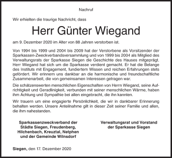 Traueranzeige von Günter Wiegand von Siegener Zeitung