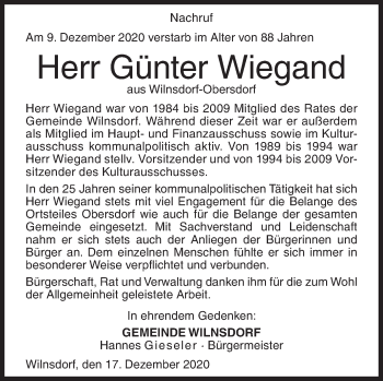 Traueranzeige von Günter Wiegand von Siegener Zeitung