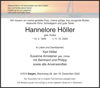 Traueranzeige von Hannelore Höller von Siegener Zeitung