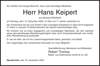Traueranzeige von Hans Keipert von Siegener Zeitung