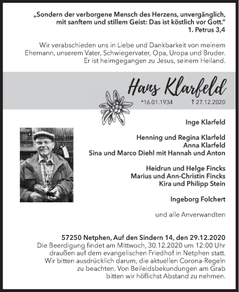 Traueranzeige von Hans Klarfeld von Siegener Zeitung