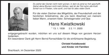 Traueranzeige von Hans Kwiatkowski von Siegener Zeitung