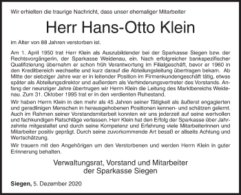 Traueranzeige von Hans-Otto Klein von Siegener Zeitung