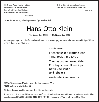 Traueranzeige von Hans-Otto Klein von Siegener Zeitung
