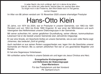 Traueranzeige von Hans-Otto Klein von Siegener Zeitung