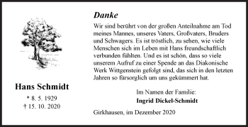 Traueranzeige von Hans Schmidt von Siegener Zeitung