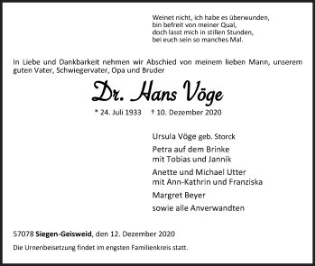 Traueranzeige von Hans Vöge von Siegener Zeitung