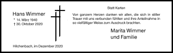 Traueranzeige von Hans Wimmer von Siegener Zeitung